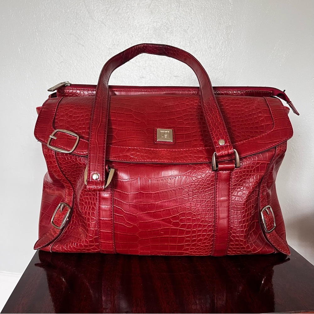 Diane Von Furstenberg Women's Red Faux Snakeskin Laptop Travel Bag Handcarry